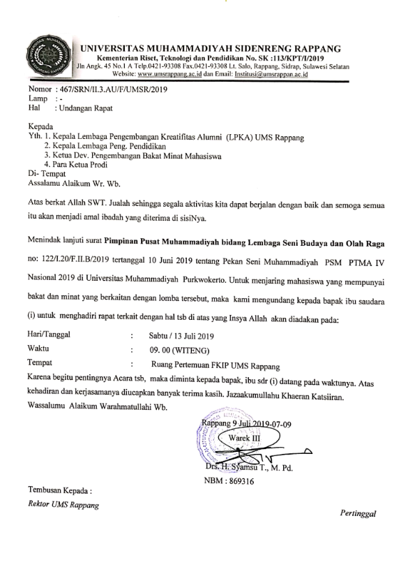 Undangan Rapat Universitas Muhammadiyah Sidenreng Rappang